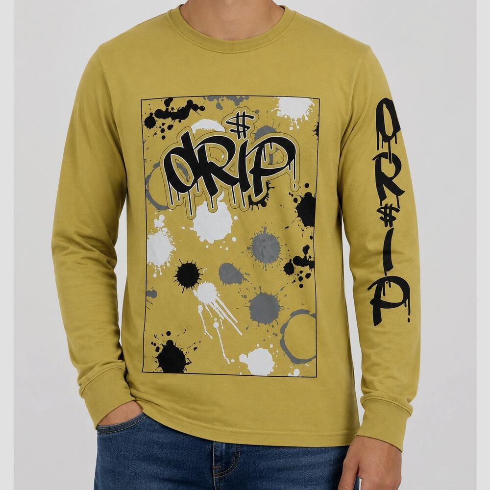 OG Hustle Bailey Shirt M Yellow Drip Long Sleeve Crew Neck Pullover